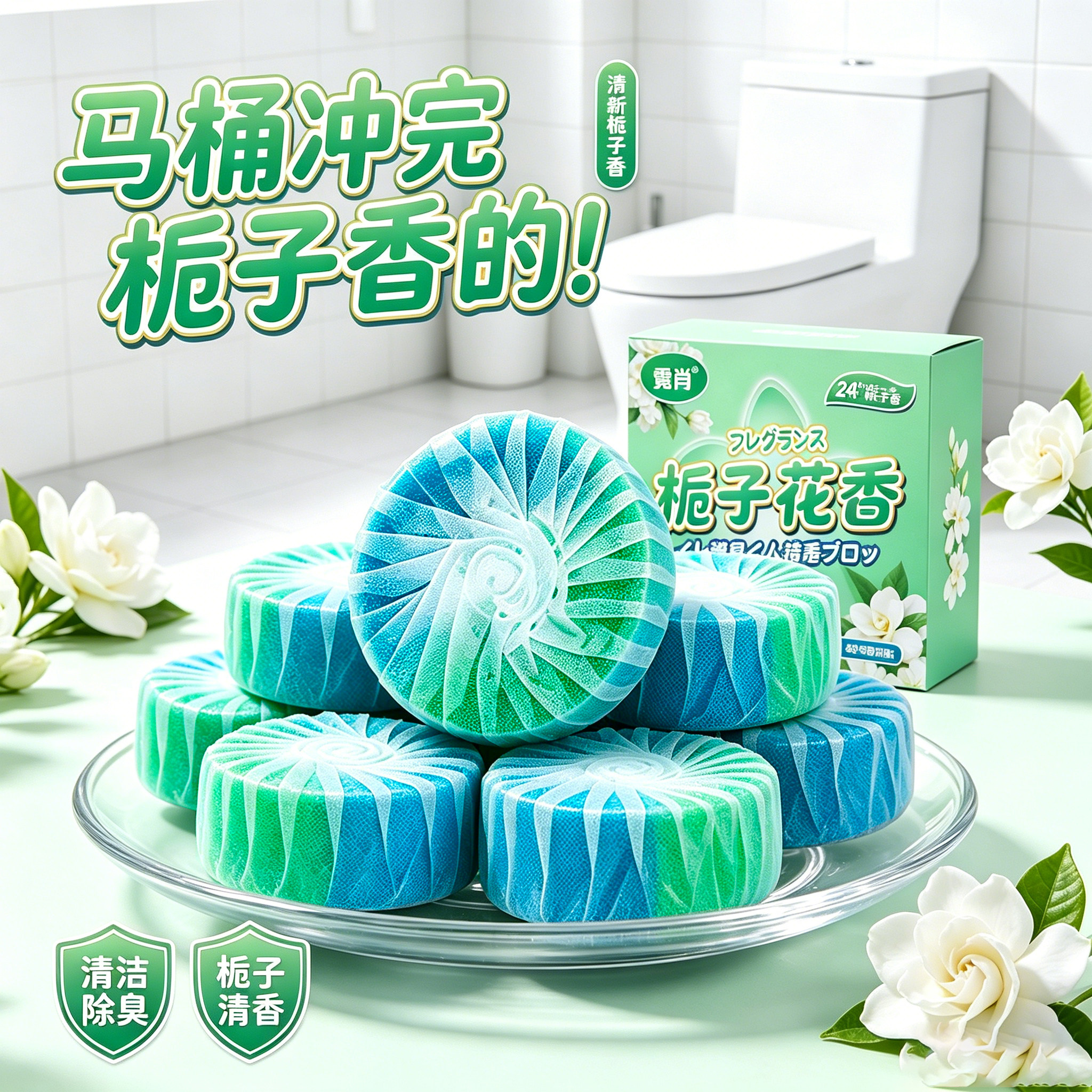 蓝泡泡蓝绿双色洁厕宝栀子花香马桶自动清洁剂花香洁厕块浓缩装