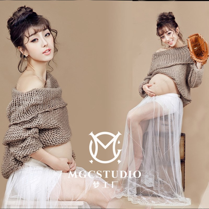 影楼新款孕妇主题写真摄影服装 时尚分体毛衣大肚妈咪艺术照服饰