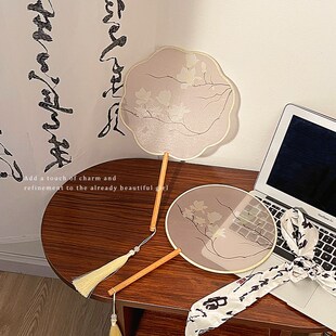 半透明扇子古风团扇长柄舞蹈扇汉服中国风双面刺绣汉服旗袍复古扇