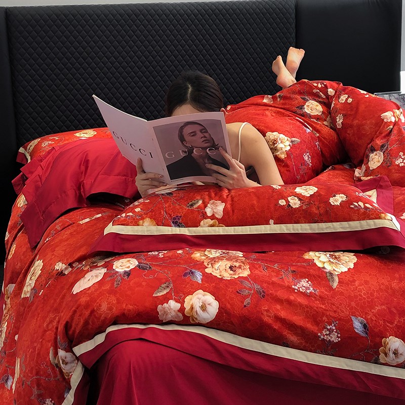 2024新款高端美式120支全棉长绒棉四件套红色婚庆被Z套床上用品