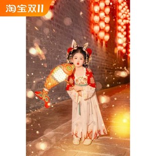 女童汉服秋天新款长袖连衣裙小女孩改良刺绣唐代襦裙表演服假两件