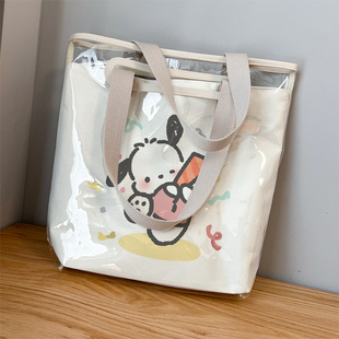 帕恰狗布丁帆布包单肩手提袋带y拉链封口款防水透明果冻包包学生