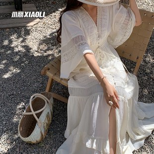 小丽风传花信长袖v领连衣裙夏气质法式小众设计度假长裙子