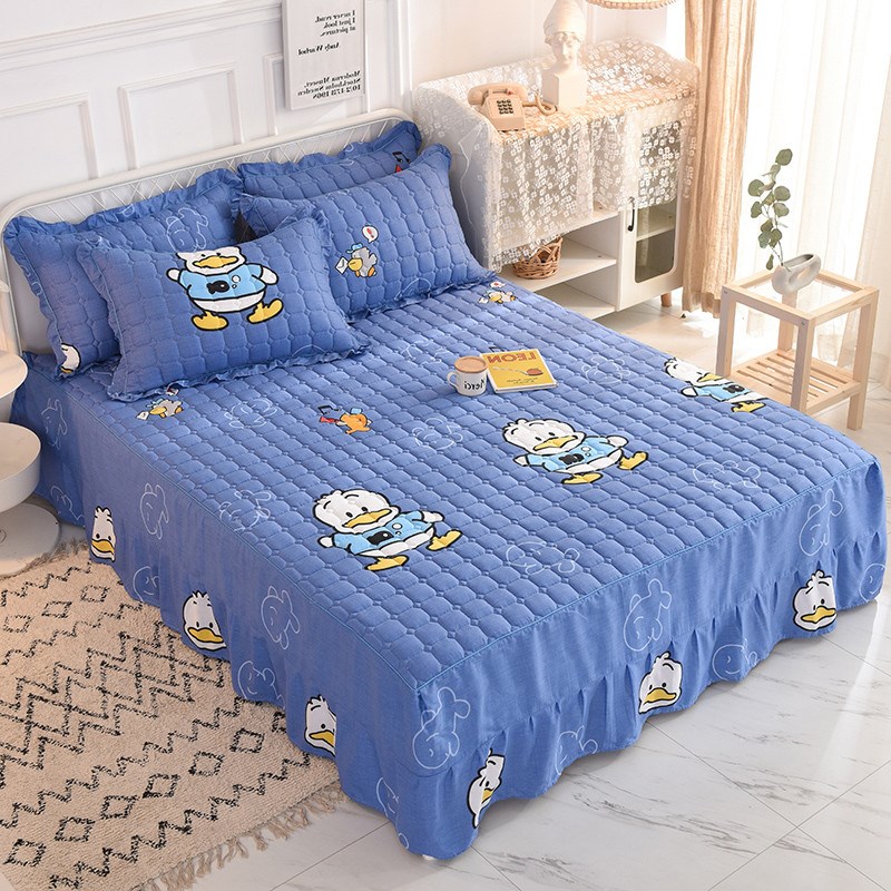 卡通床裙夹棉蓝色加厚纯棉u单件儿童男女孩防滑床罩保护套裙式花