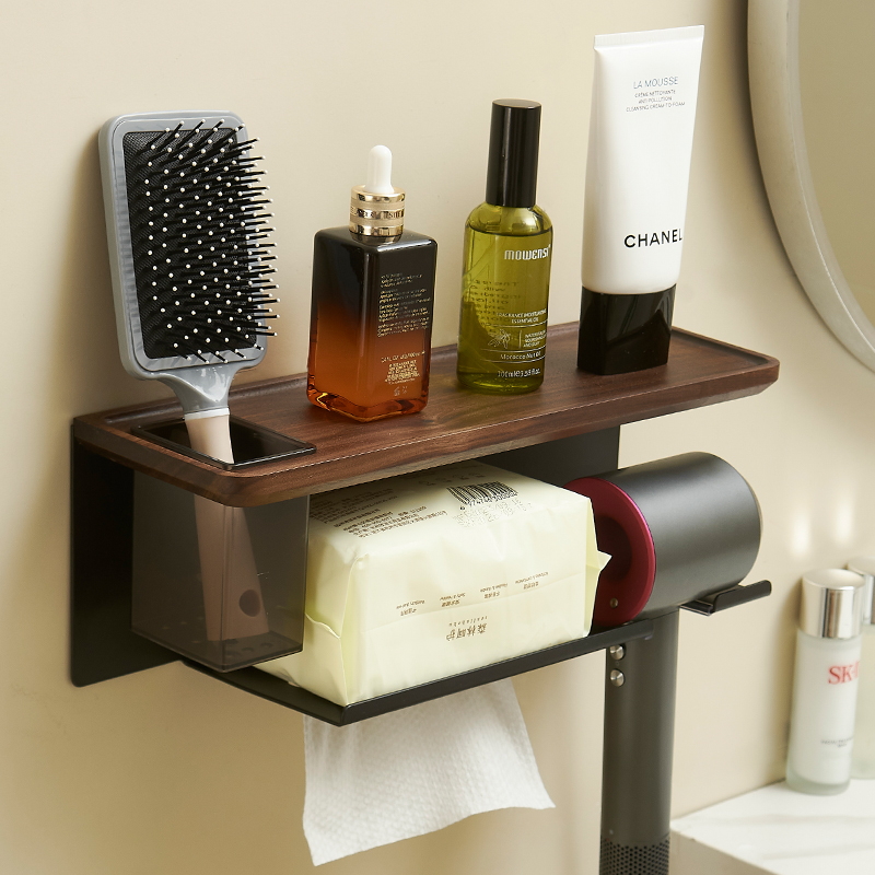 胡桃木高端放吹风k机支架壁挂免打孔卫生间多功能洗脸巾一体置物