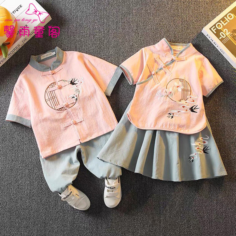 儿童汉服夏装男童薄款唐装中国风套装宝宝夏季女童古装棉麻两件套图片