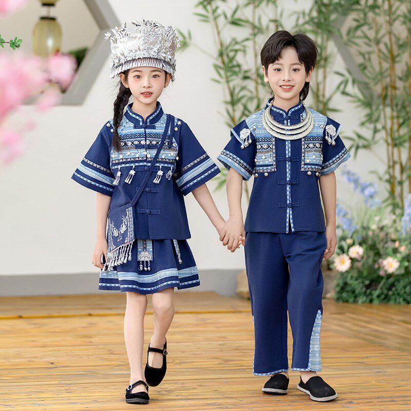 少数民族服装广西三月三幼儿园儿童演出服男女童舞蹈表演服夏短袖图片