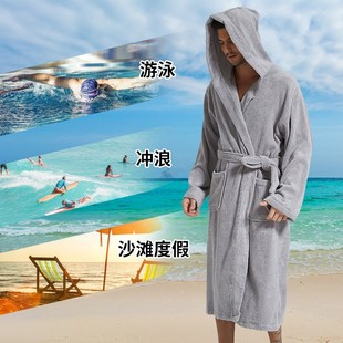 游泳浴袍男女冬泳吸水速干带帽加厚加长加绒保暖纯W棉全棉毛巾料