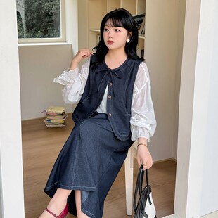 气质显瘦牛仔马甲半身裙 220斤胖mm大码 复古高级感套装 2025春新款