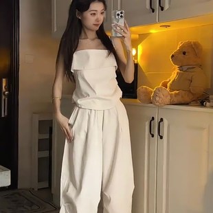 套装夏季新款修身吊带背心上衣女款高腰宽松阔腿裤子休闲裤两件套