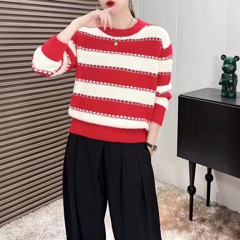 2024早秋冬新款毛衣女装针织打底衫韩版薄款Q条纹百搭女上衣拼色