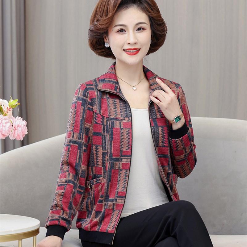 小个子妈妈上衣短外套2024春秋中老年女装宽松花色拉链夹克衫口袋
