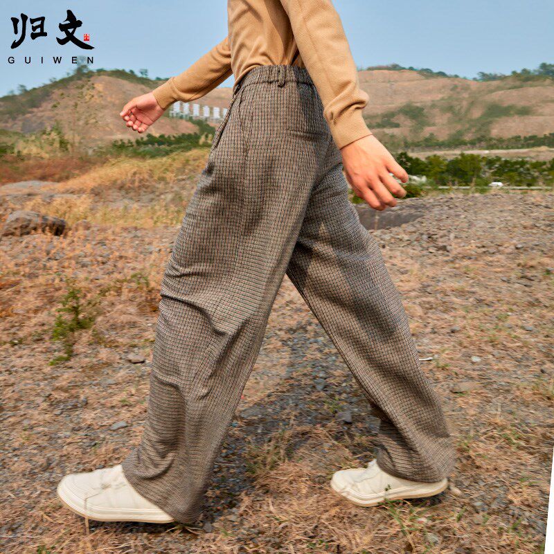 卡其色西裤男秋冬羊毛裤宽松细格子毛呢裤直筒长裤休闲条纹哈伦裤