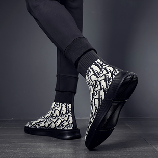 韩版 潮布鞋 男士 高帮透气袜子鞋 一脚蹬鞋 休闲鞋 飞织鞋 子 男2023春季