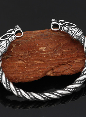 时尚北欧神话维京海盗不锈钢复古双头龙开口实心手镯男手环