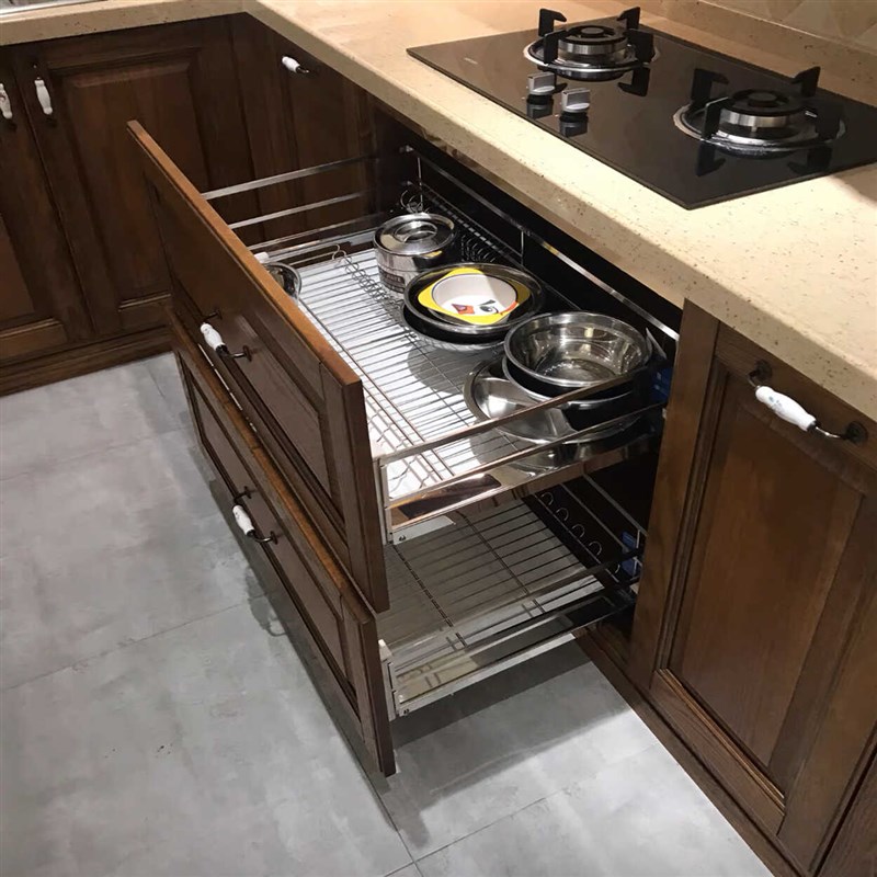 厨房拉篮沥水篮橱柜双层抽屉式碗碟收纳置物架不锈钢阻尼滑轨碗篮