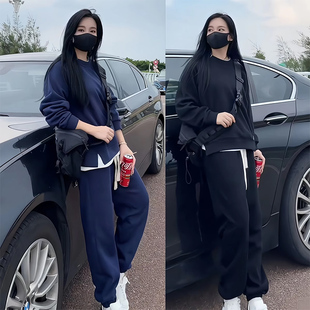 2025春季高级感假两件休闲套装男潮流纯色简约卫衣卫裤情侣两件套