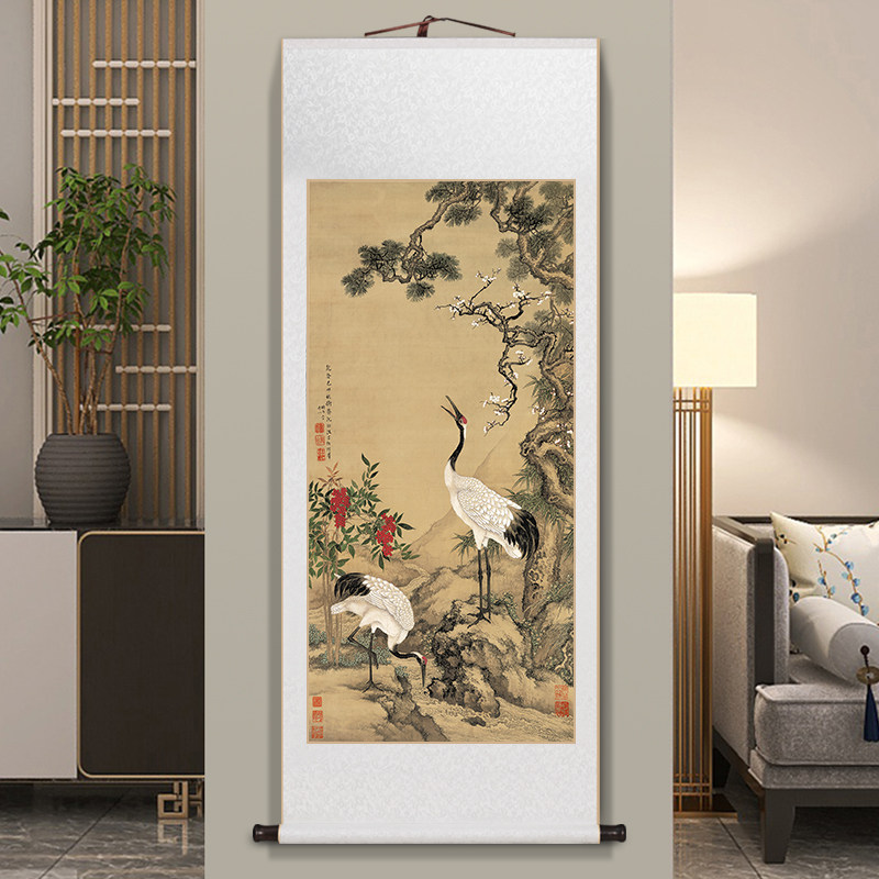 松鹤延年国画竖玄关画卷轴挂画新客厅装饰画中茶室壁画