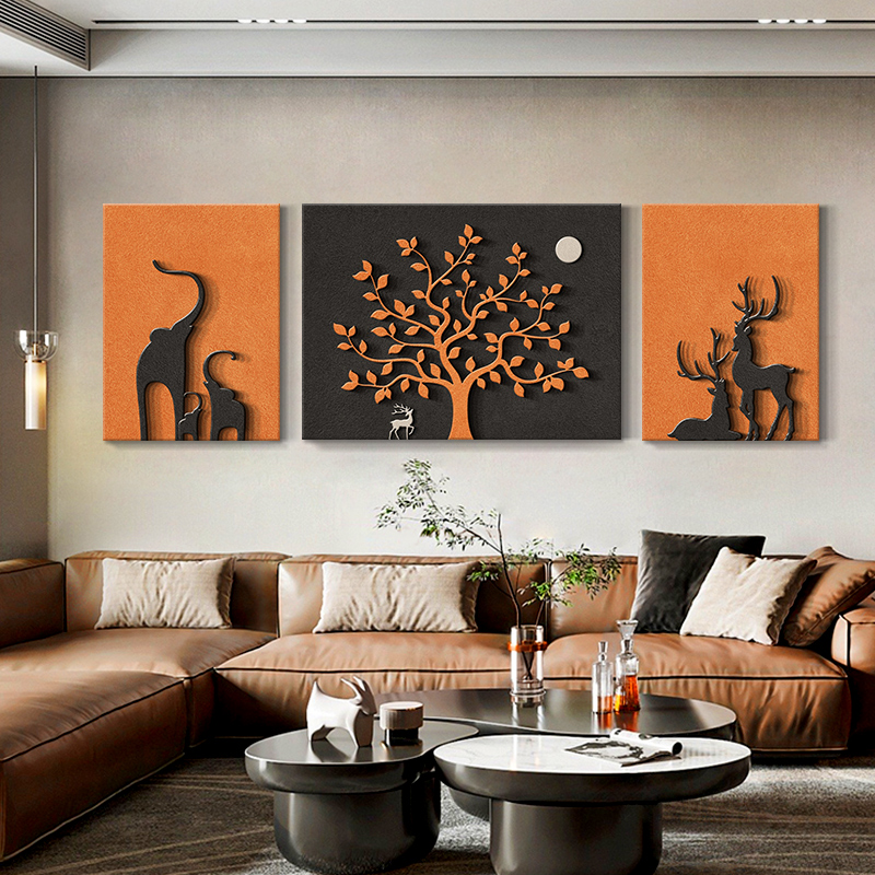 现代简约客厅装饰画高档立体砂岩实物壁画新款三联沙发背景墙挂画