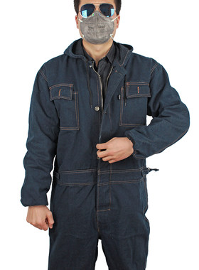 电焊防护服连体牛仔工作服加厚连体带帽防尘服焊工劳防污服喷漆服