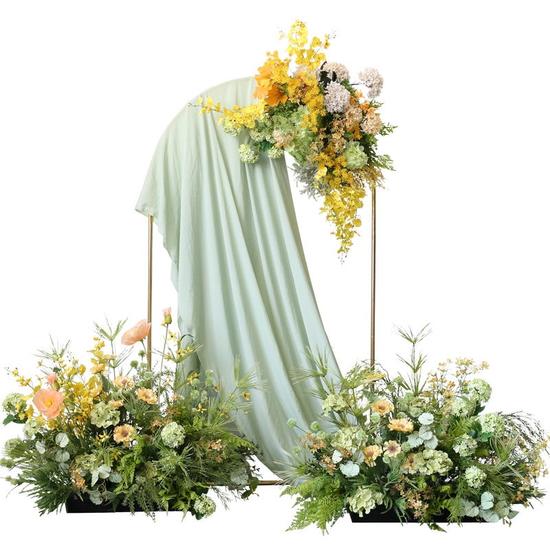 黄绿色系婚庆花艺布置活动森系背景花卉舞台路引摆花拱门壁挂花排