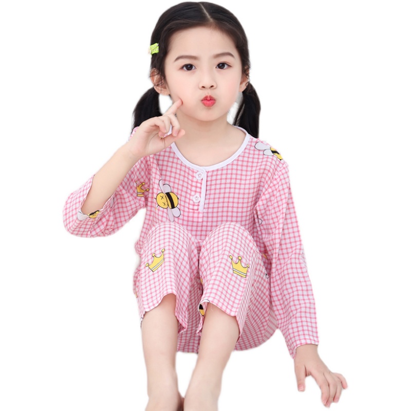 儿童家居服夏天薄款男童女童棉绸夏季男孩女孩绵绸睡衣空调服套装