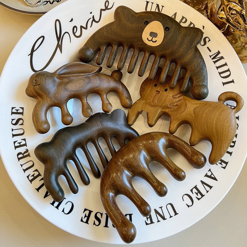 绿檀木头部经络梳子头皮头疗五齿按摩梳防脱发男女刮痧头皮疏通