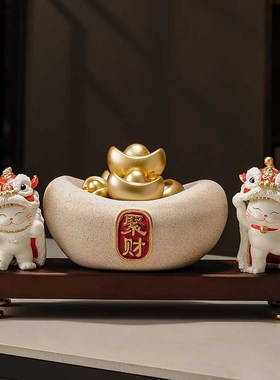 新中式创意招财猫聚宝盆摆件家居装饰品客厅屏风酒柜摆设乔迁礼物