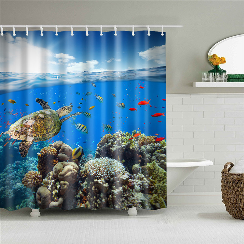 卡通儿童浴帘免打孔套装卫生间隔断挂帘浴室防水海豚海底世界海龟