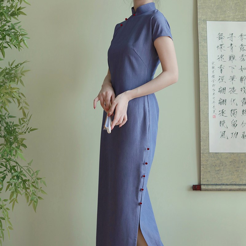 晴山改良仿牛仔二分袖旗袍女气质收腰优雅连衣裙拾光2023夏季新款