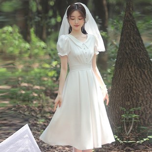 白色法式温柔初恋裙子修身约会娃娃领中长款小个子领证登记小白裙