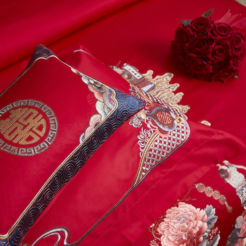 新中式高档绣花全棉结婚十件套大红喜被陪嫁高端婚庆床上用品套件