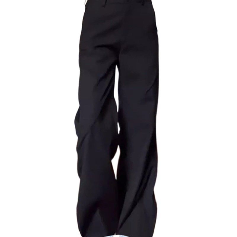 复古设计感褶皱黑色西装裤女2025夏季新款宽松高腰显瘦休闲阔腿裤