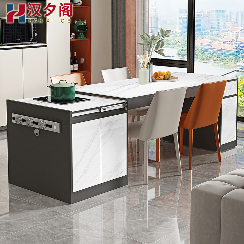 轻奢伸缩岩板岛台餐桌一体开放式厨房中岛台吧台料理台展示桌8E30