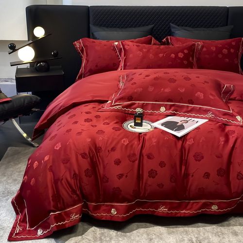 高端婚庆四件套100支提花红色婚房玫瑰花 被套结婚床上用品床笠款