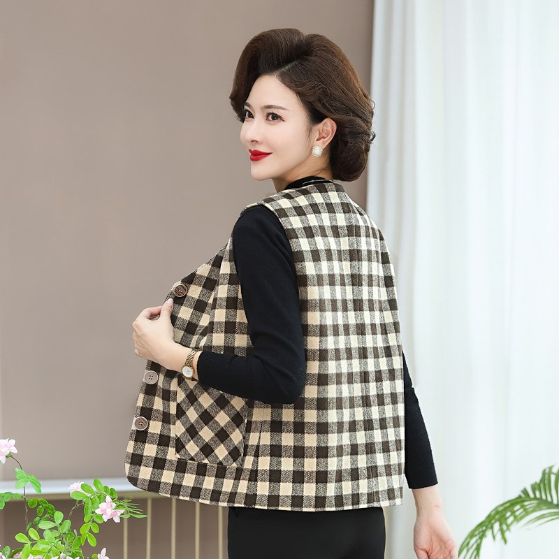 妈妈装新款格子马甲女时尚宽松中老年女装春秋季短款马夹背心外套