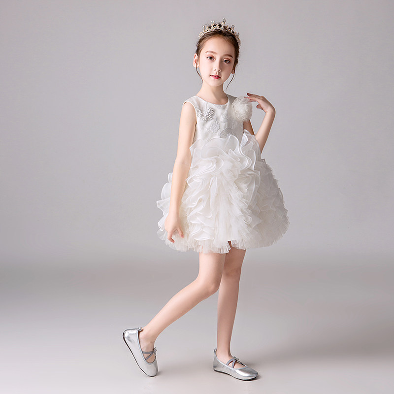 女童高端礼服洋气蓬蓬公主裙白色短款钢琴演奏表演走秀主持生日