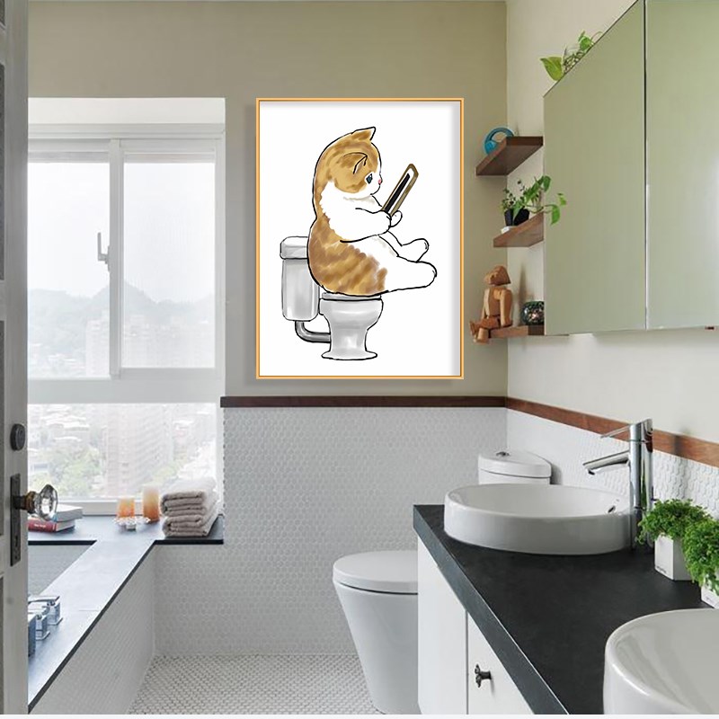 北欧猫咪卫生间装饰画日式简约浴室厕所挂画免打孔洗手间防水壁画图片