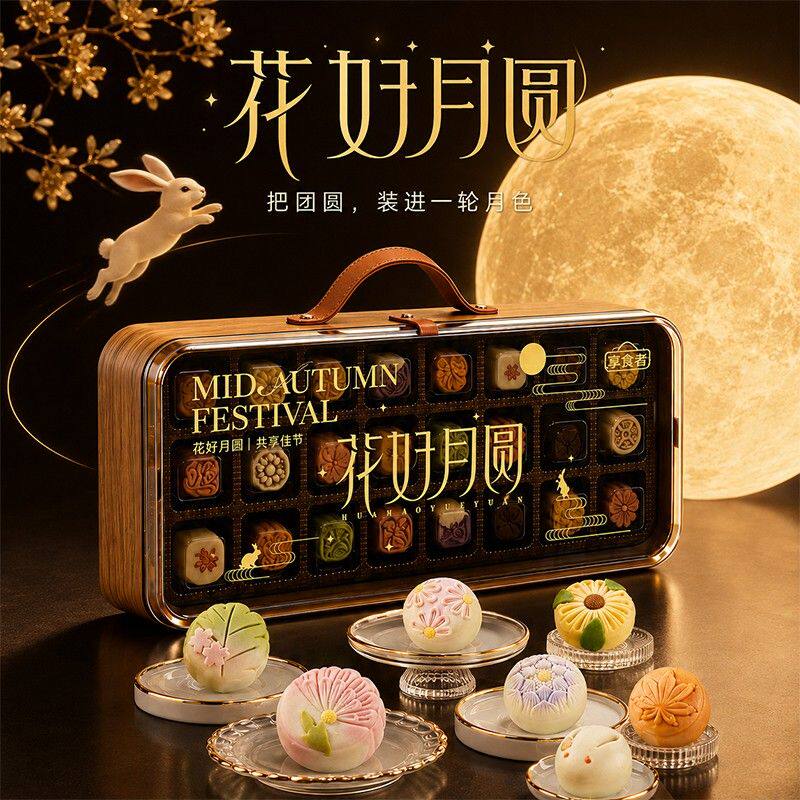 花好月圆中秋节高档月饼礼盒装广式糕点高端送人送礼品团购