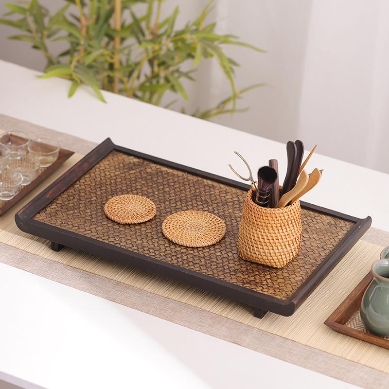 泰式覆古茶具托 托盘中式干泡台茶盘家用日式实木竹编藤编户外茶