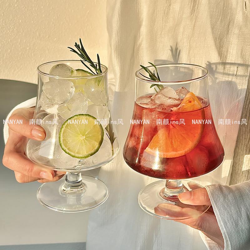 ins风高脚玻璃杯冰美式咖啡杯冷饮杯苏打气泡水杯饮料杯鸡尾酒杯