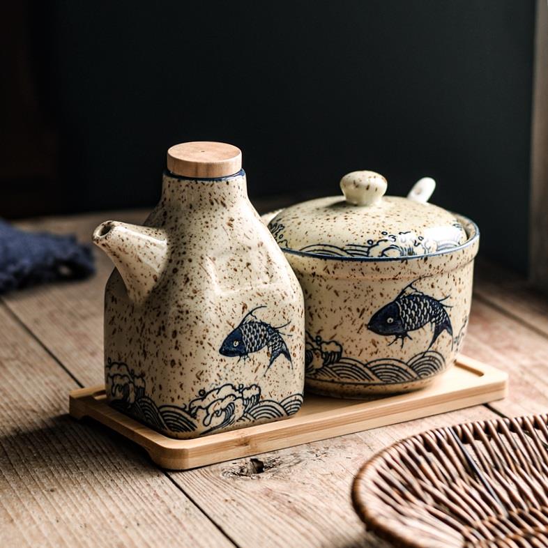 中式调料罐酱油醋壶套装复古盐罐调味瓶饭店辣椒油专用罐陶瓷油罐