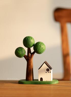 一棵树 生命力 绿树粉树木雕装饰品搭配可爱治愈木制品纯手工