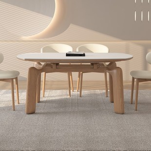 伸缩德利丰实木岩板餐桌家用小户型奶油原高级感方圆两用饭桌子