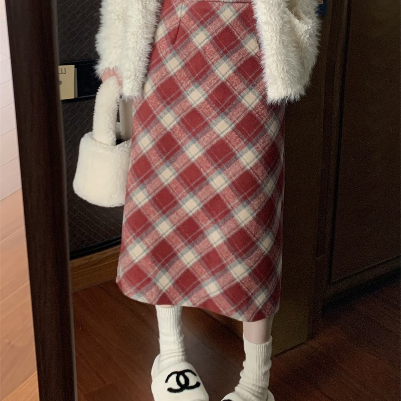 小矮个子145秋冬毛呢格纹半身裙中长款150复古显瘦包臀A字裙xs码