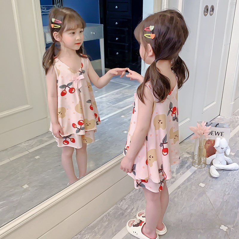 女童睡衣夏季儿童薄款绵绸棉绸小女孩2023新款夏款家居服樱桃套装