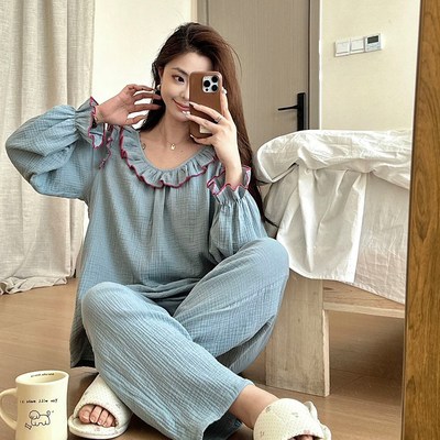 夏季纯棉睡裙女花边可爱吊带短裤套装薄款纱布春秋家居服简约大码