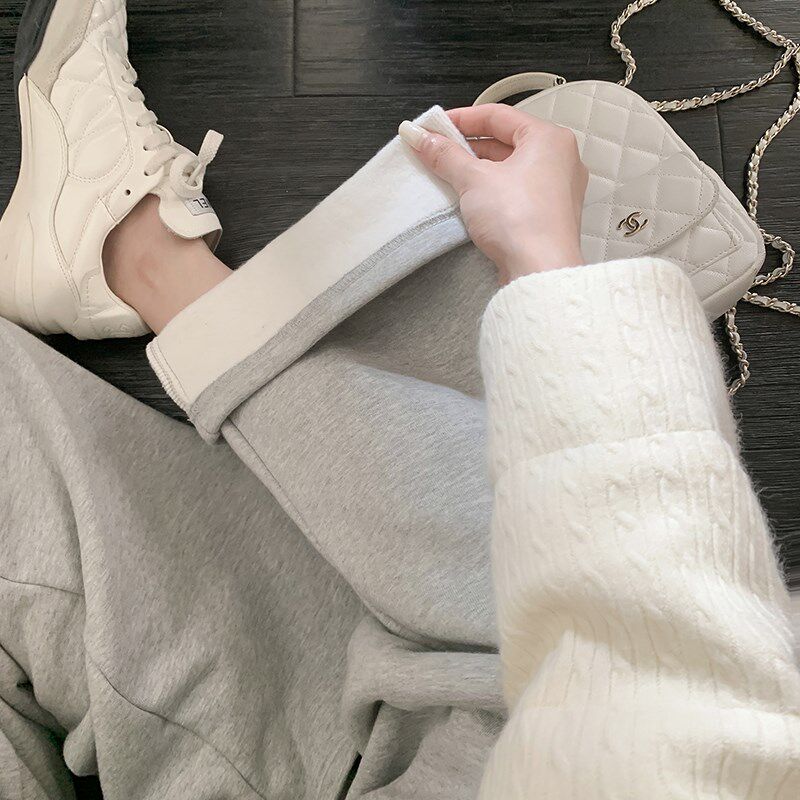 若语定制  aw*加绒款松紧腰新款冬季加绒垂感宽松直筒休闲卫裤女