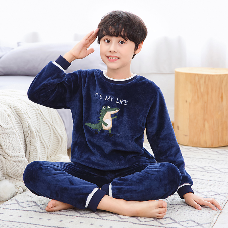 儿童睡衣男孩秋冬法兰绒中大童加绒加厚珊瑚绒冬季男童家居服套装