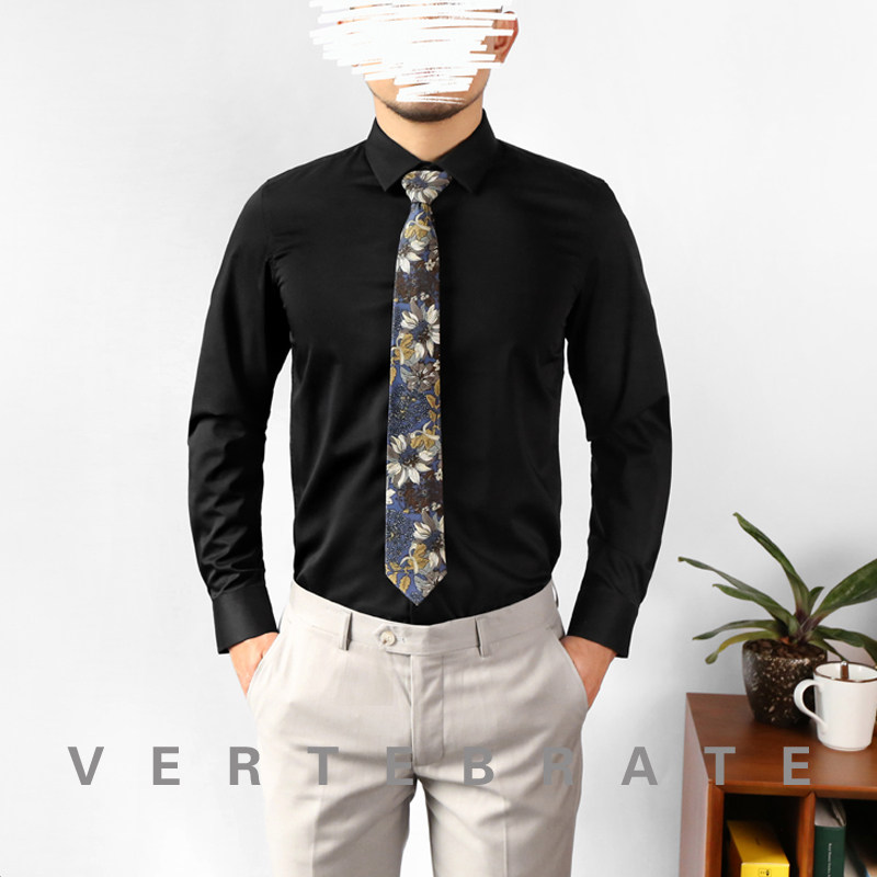 脊椎动物男装弹力免烫抗皱黑色基础衬衣欧美风修身长袖职业装衬衫